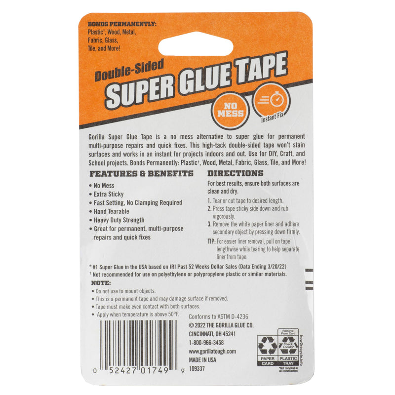 Gorilla Super Glue Tape, Multi-Purpose, Permanent, Double Sided, High Tack, 5/8in x 20ft, Clear (Pack of 1) 1 Pack