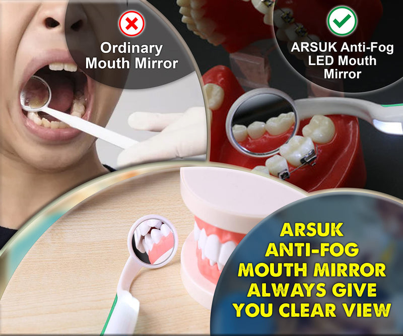 ARSUK Dental Mirror with Light Anti-Fog, Teeth Inspection Dentist LED Mirror, Mouth Oral Care, 5.90 inches (15cm) Blue & Green Pack of 2