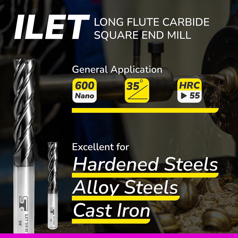 [Australia - AusPower] - SPEED TIGER Micrograin Carbide Square Long Flute End Mill - 1/2" Diameter 2" Flute Length, 4" OVL, 4 Flutes - ILET (1 Piece, 1/2") - for Alloy Steels, Hardened Steel & Metal– Mill Bits Sets 1/2 in 