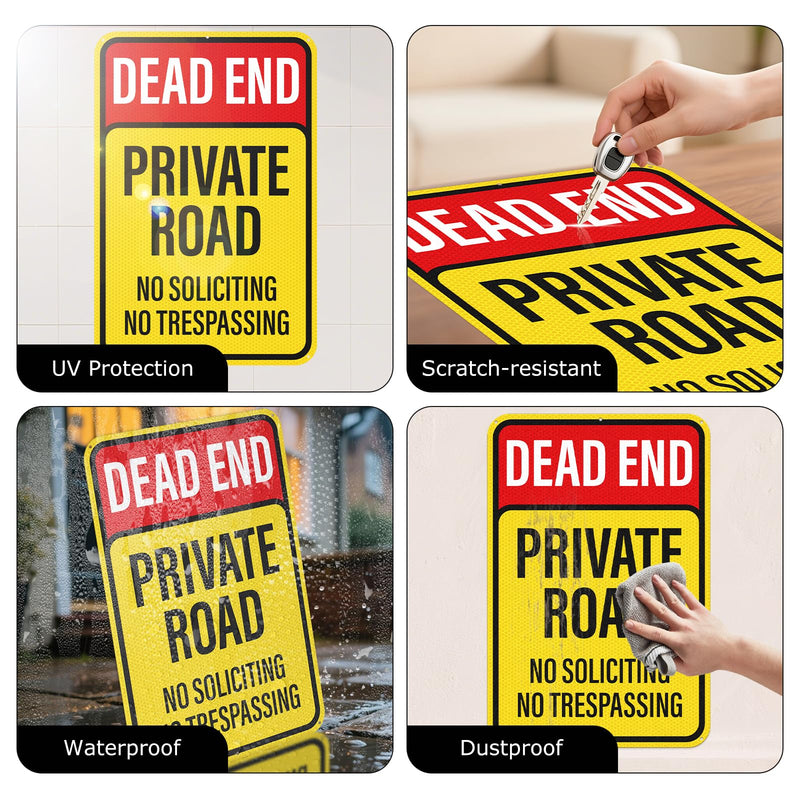 2 Pack Dead End Private Road No Trespassing No Soliciting Sign Reflective Aluminum 18 × 12 Inches Rust Free Metal Dead End Sign for Property House Outdoor