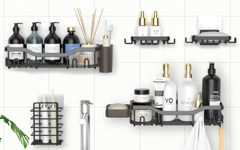 NESOMI Shower Caddy Adhesive Shower Organizer 7-Pack, Rustproof Stainless Steel Bathroom Shelves, Large Capacity No-Drill Rack Storage Accessories with Soap Dish Toothbrush Holder Hooks Silver 7-Piece Set