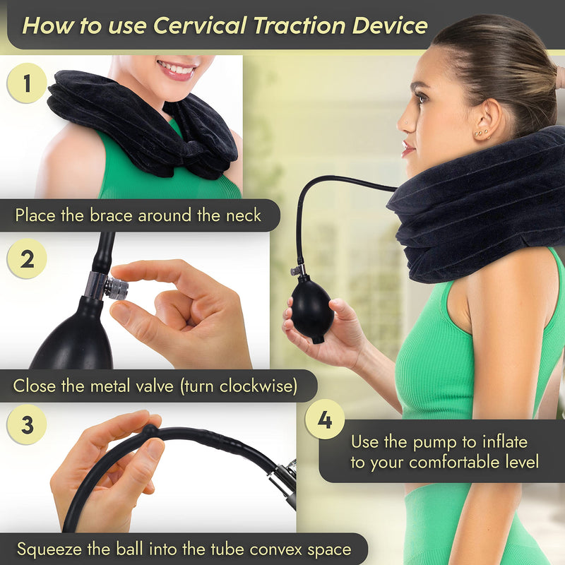 [Australia - AusPower] - Cervical Neck Traction Device & Posture Corrector for Women and Men, FSA HSA Eligible Inflatable Neck Stretcher Brace for Decompression, Adjustable Upper Back Brace & Elastic Support (Carbon Black) Carbon Black 
