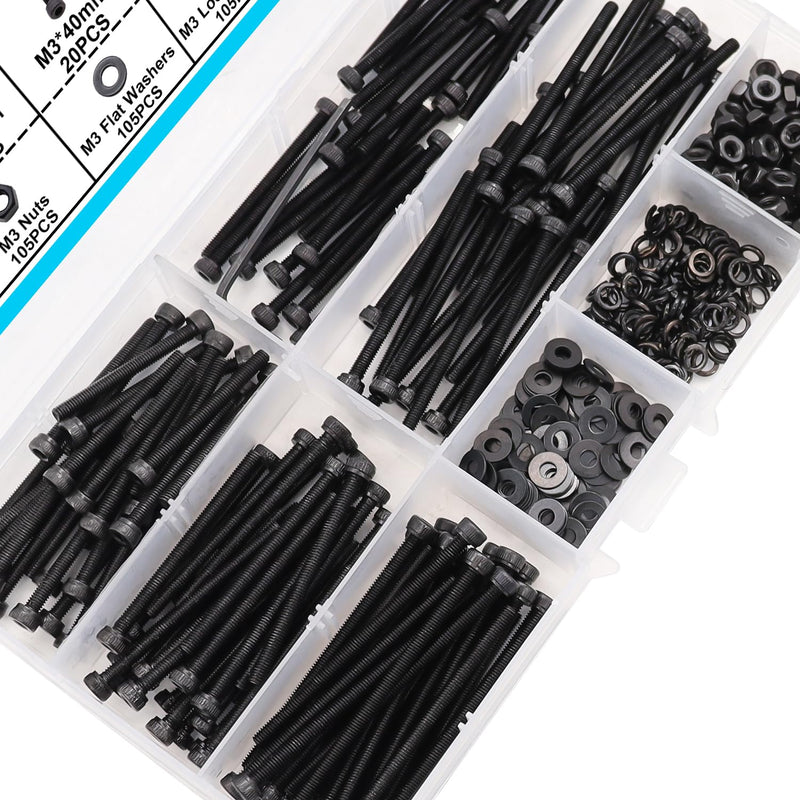 [Australia - AusPower] - 420PCS Black M3 Hex Socket Head Cap Screws, M3 x 30/35/40/45/50mm Metric Screws Bolts Nuts Washers Assortment Kit, 12.9 Grade Alloy Steel 
