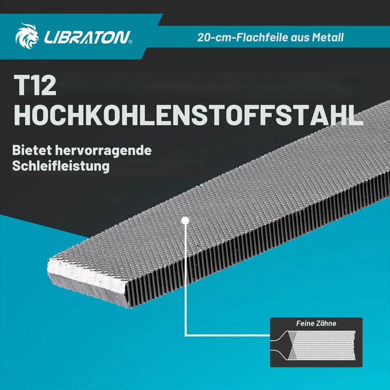 LIBRATON 200mm Flat File for Metal Metal File Tool | File carbon steel, hand file metal, metalworking, wood, plastic, flat file for refining, shaping and scraping 200 mm flat file
