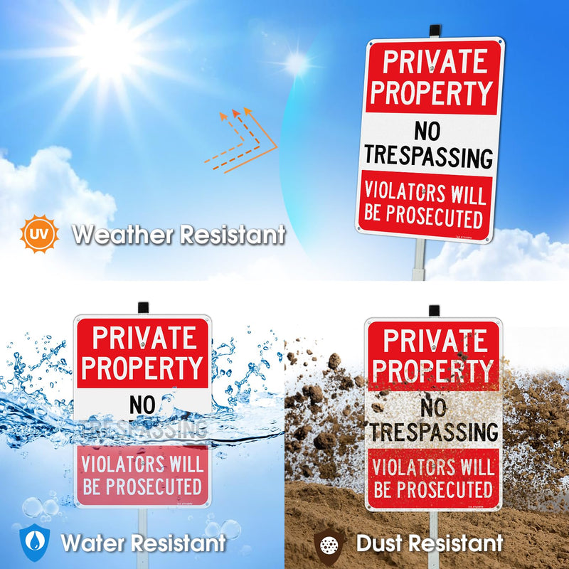 T&R Large Private Property No Trespassing Sign with 54" Stake for Outside - 2 Pack - 14"x10" .040 Rust Free Aluminum, Reflective, Waterproof, Weatherproof and Fade Resistant, 6 pre-drilled holes,Includes Matching Screws & Wrench, Easy to Mount