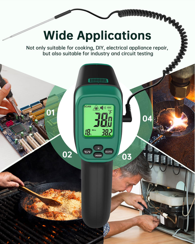 [Australia - AusPower] - ERICKHILL Infrared Thermometer Gun, Dual Mode IR Laser Thermometer with -50°C~800°C and Meat Probe (-50°C~300°C), Non-Contact Digital Thermometer for Cooking, BBQ, and Industrial Use 