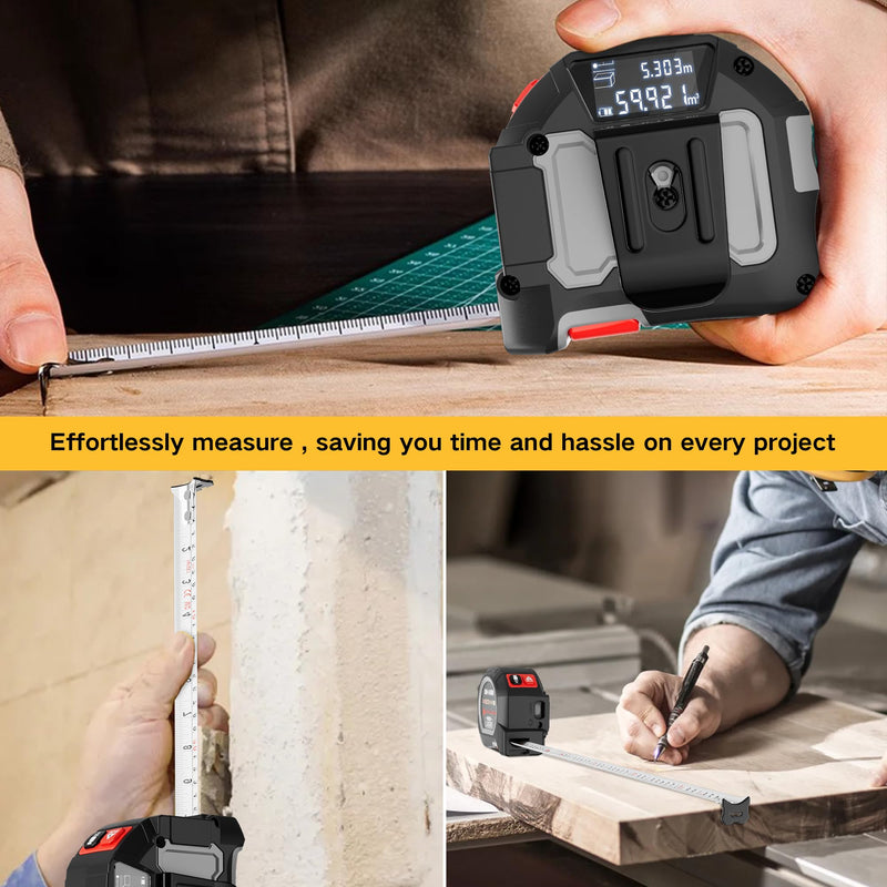 [Australia - AusPower] - 2 in 1 Laser Tape Measure, 130Ft Rechargeable Laser Measurement Tool & 16Ft Measuring Tape with Magnetic Hook, Flexible Baseline Switching, Area, Volume, Ft/Ft+in/in/M Unit 