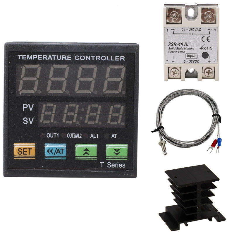 [Australia - AusPower] - PID Temperature Controller Meter Indicator, Jaybva Digital Universal Thermostat C and Fahrenhe F Display SSR and Alarm Output 40A Solid State Relay and Thermocouple Probe Heat Sink Included PID+40A SSR+Heat Sink+K Sensor 