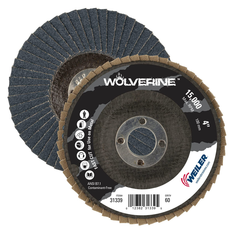 Weiler 31339 Wolverine 4" x 5/8" Arbor Hole Abrasive Flap Disc, 60 Grit Zirconia Alumina, Bevel Type 29, Phenolic Backing, Standard Density (Pack of 10) Value Steel / Metal