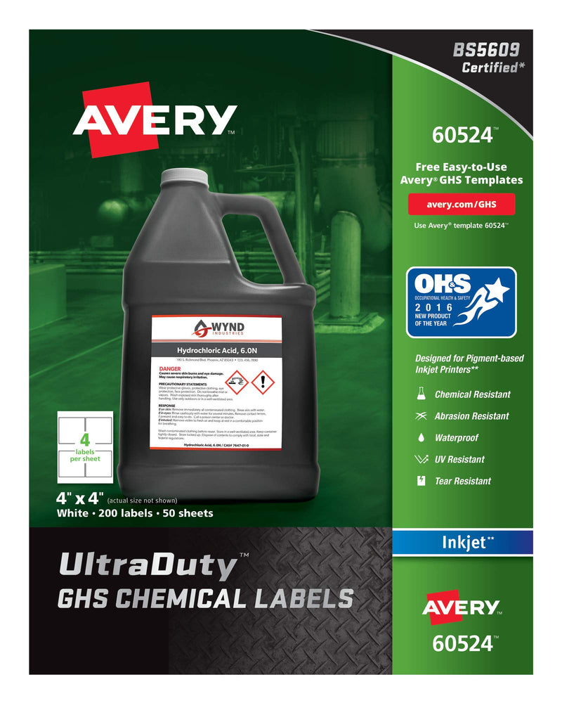 Avery UltraDuty GHS Chemical Labels for Pigment Inket Printers, Waterproof, UV Resistant, 4x4, 200Pk (60524)