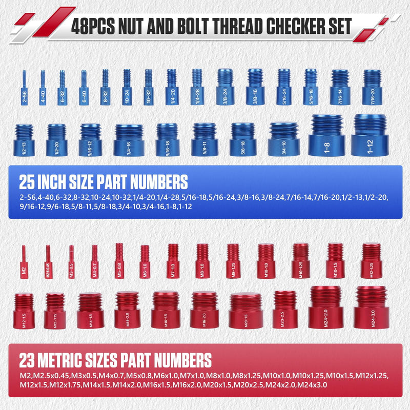 [Australia - AusPower] - 48Pcs Nut and Bolt Thread Checker Kit (25 Standard & 23 Metric), Detachable Bolt Size for Narrow and Tricky Spaces with Sturdy Case ScrewThread Gauge 
