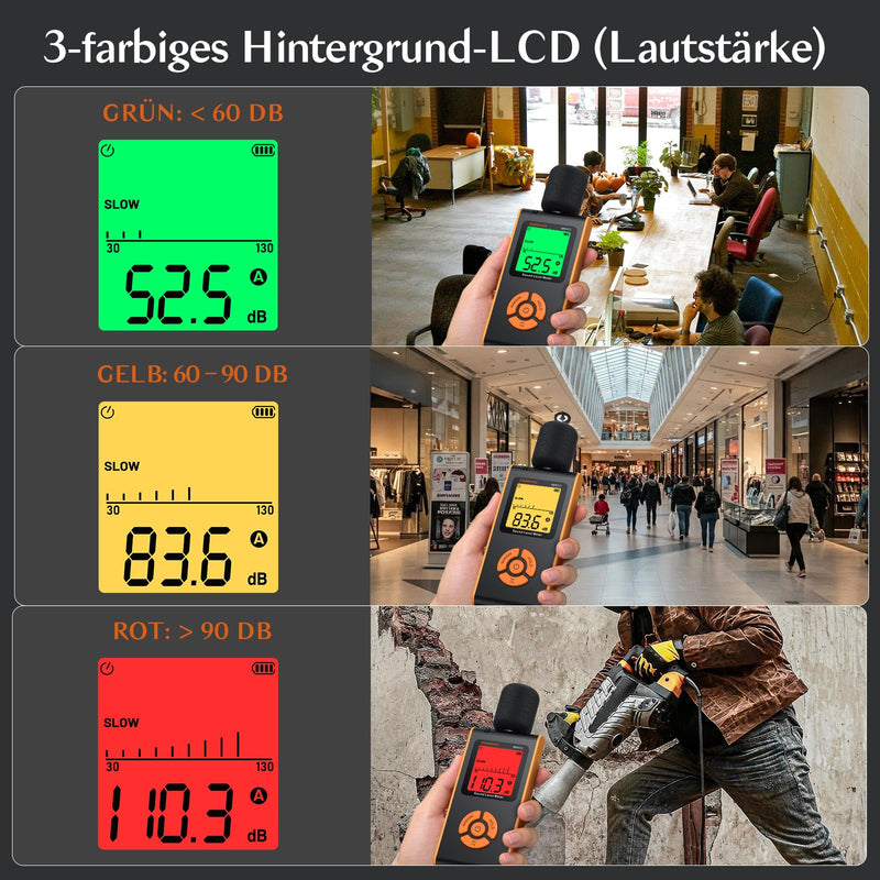 Sound Level Meter, Decibel Meter 30 dB to 130 dB, A/C Weighted Portable Noise Meter for Home Factories, with LCD Display, 3 Colors, MAX/MIN/HOLD, Fast/Slow Response Sound Pressure Meter