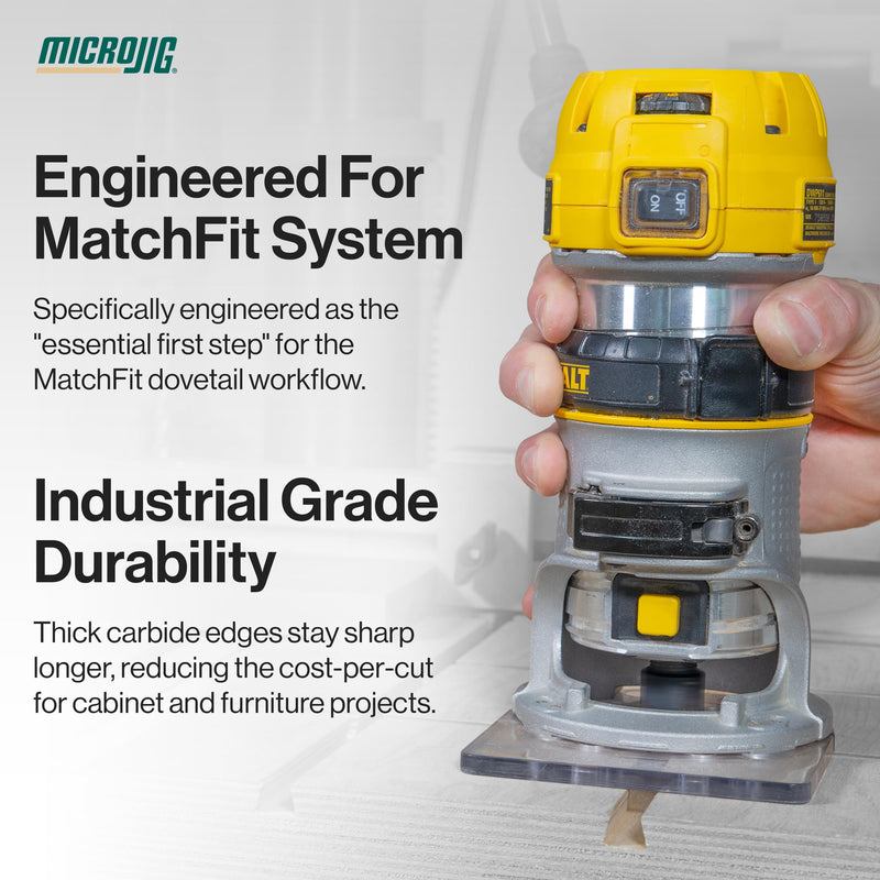 Microjig MATCHFIT 1/4" Relief Router Bit, Straight Grooving Dovetail Track Cutter for Woodworking, Cabinet and Furniture Projects, MB-025-025ST, Yellow