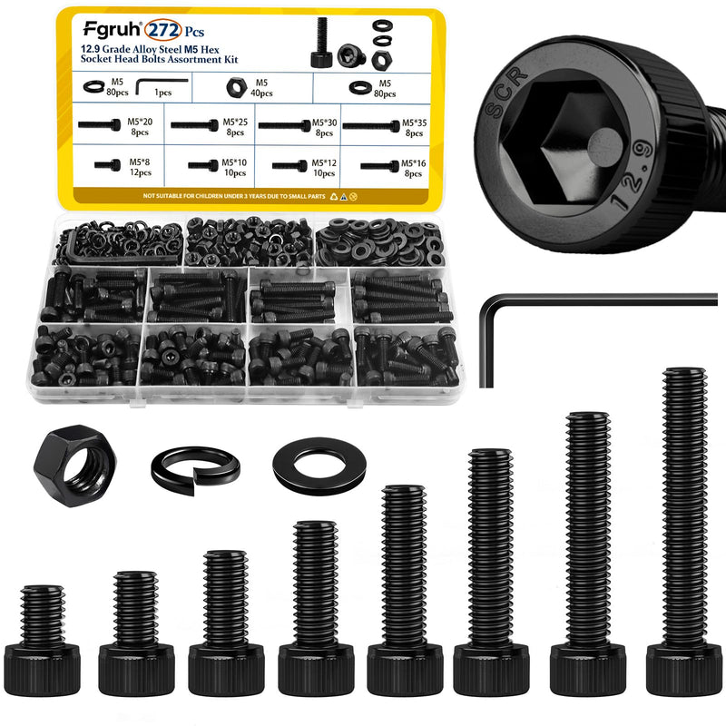 [Australia - AusPower] - 2300PCS M3 Screws with Nuts Assortment Kit and 272PCS M5 Hex Socket Head Bolts Assortment Kit, 12.9 & 10.9 Grade Alloy Steel Black Zinc Plated Screw for 3D Printer,DIY 