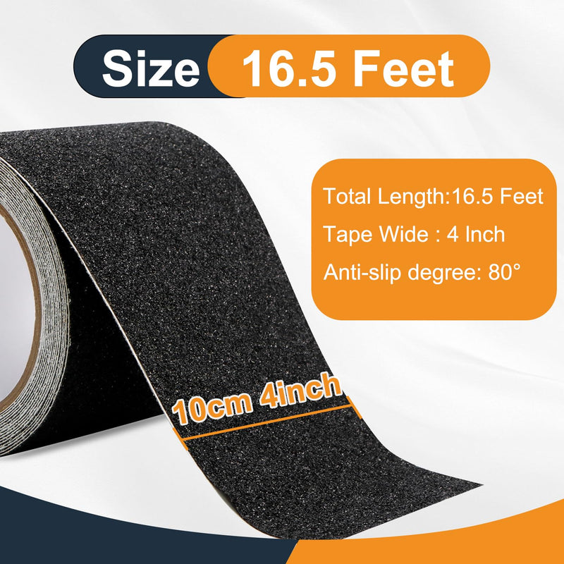FOURGUN Heavy Duty Anti Slip Tape for Stairs Indoor/Outdoor Waterproof 4" x 16.5Ft High Traction Grit Non Skid, Strong Adhesive, Safety Friction Abrasive Tape for Steps, Ramps, Walkways, Black 80 Grit