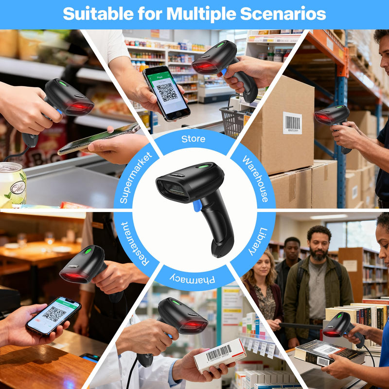 Bluetooth 1D&2D Barcode Scanner, 3-in-1 Bluetooth & USB Wired & 2.4G Wireless QR Barcode Reader, PDF417 Data Matrix Handheld Bar Code Scanner Work with Windows, Android, iOS (TM-10B) Wireless 2D Barcode Scanner