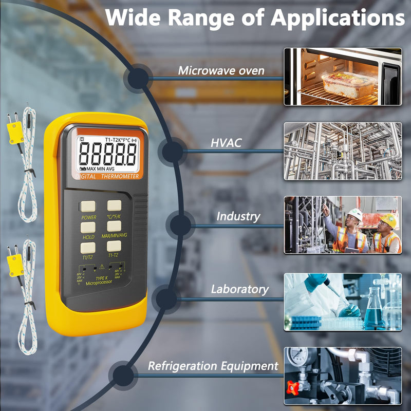 [Australia - AusPower] - Handheld Thermocouple Thermometer, 2 Channels K Type Thermocouple Probe and 4 Thermocouples, Measuring Range -50 to 1370°C(-58 to 2498°F), Contains 4 Thermocouple Probes 6802-04 