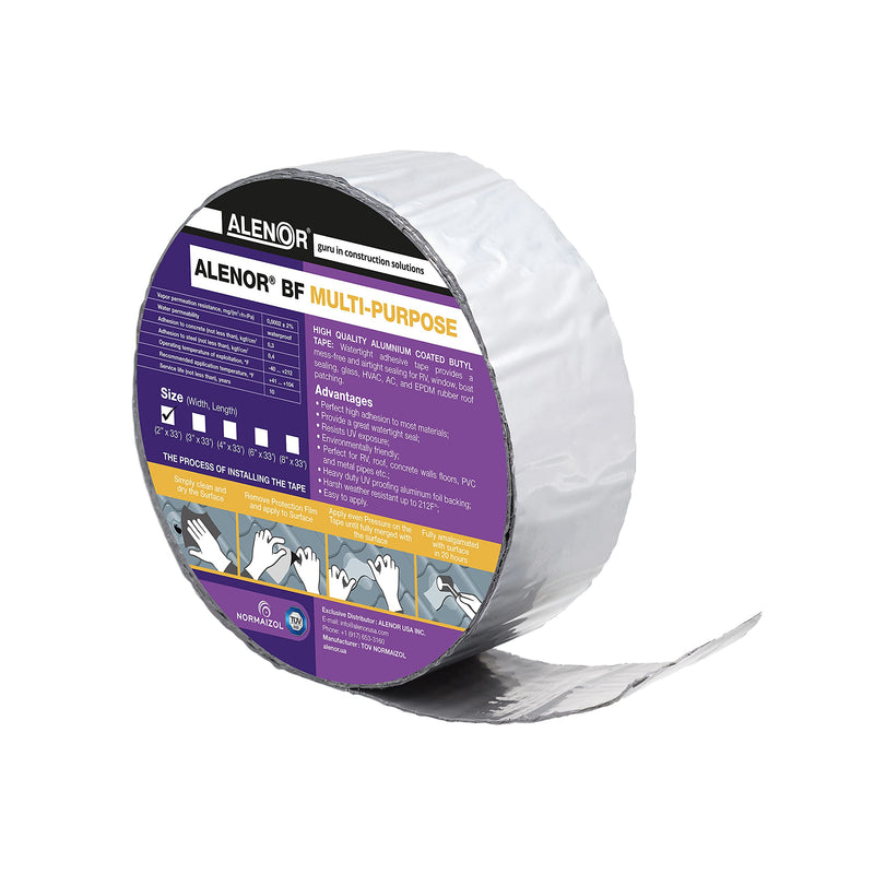 Alenor Butyl Rubber Aluminum Tape 2" inch W x 33 Feet Wall Crack Roof Leaks Waterproof Heat Resistant Tape Perfect for Sealing & Patching Hot & Cold Air Ducts Wood Metal Plastic Glass Repair 2" Inch x 33' Ft (Pack 1)