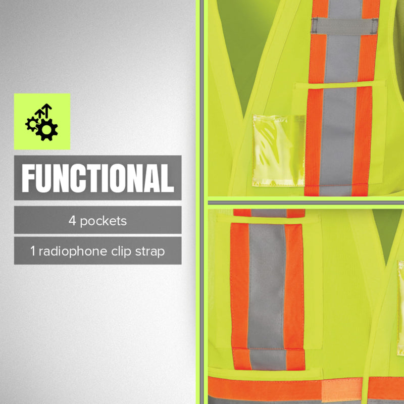 Pioneer Hi Vis Tear-Away Safety Vest for Men and Women - Reflective Tape ANSI Class 2, 4 Pockets, Adjustable Front XX-Large-3X-Large Yellow/Green