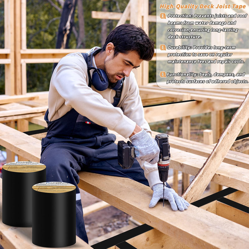 Oleitodh 2 Rolls Butyl Joist Tape for decking, 6 Inch x 50 Feet Weatherproof Butyl Sealant Deck Tape Joist-Beam Deck Joist Tape Bulk for Wood Joists Decks Beams Roof 6" X 50'-2 Rolls Black-PVC