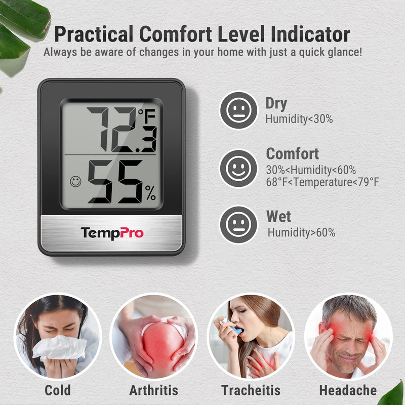 TempPro TP49 3 Pieces Digital Hygrometer Indoor Thermometer Humidity Meter Mini Hygrometer Thermometer with Temperature and Humidity Monitor Room, Black (Previously ThermoPro) Pitch Black