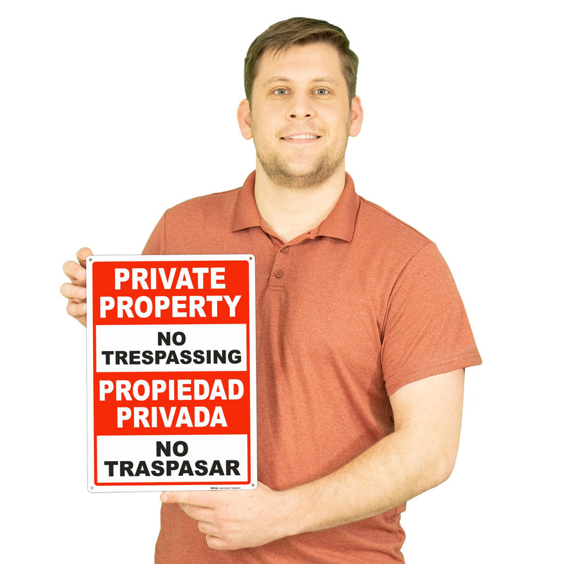 Brimar - 10" x 14" - Bilingual Private Property No Trespassing Sign - .040″ Rust-Free Aluminum - Bold Text And Symbol - Easy Installation, Red 10"x14" (Pack of 1)