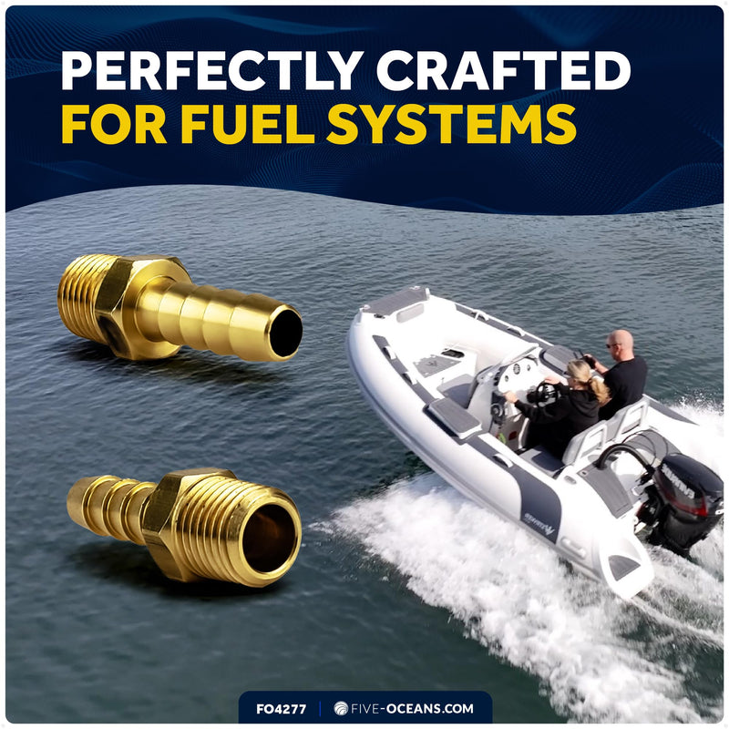 Five Oceans Brass 1/4-Inch NPT Universal Boat Fuel Tank Connector, 3/8-Inch Barb Hose, Fits Most Portable Marine Fuel Tanks - FO4277 1/4 NPT to 3/8 Barb