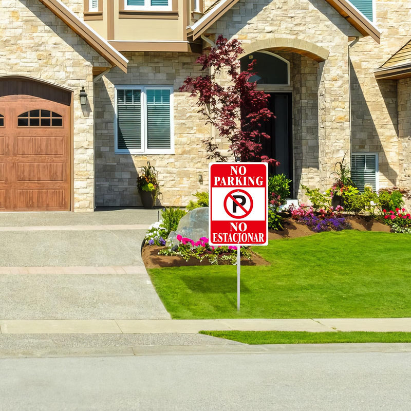 No Parking English Spanish Bilingual Sign, 2 Pack-14"x10"Reflective Aluminum with 36" Long Metal Stakes Set, UV Protected, Fade Resistant, Portable No Parking Sign for House or Business, Easy to Mount Red