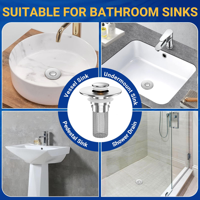 Bathroom Sink Drain Strainer, Pop-Up Bathroom Sink Stopper with Removable Stainless Steel Hair Catcher Basket, Universal Fit for US Bathroom Sinks, Showers & Floor Drains (4pcs) 4pcs