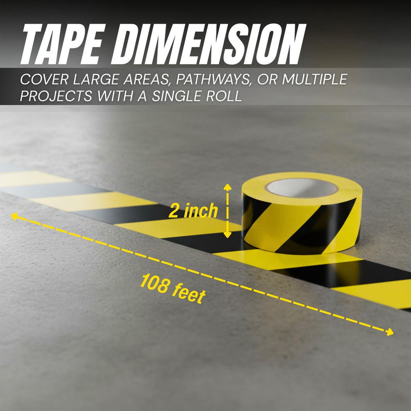 Tapix 2 Inch x 108 Feet Black & Yellow Tape Roll - Safety Stripe Waring Tape for Floor - Highly Adhesive Waterproof Hazard Tape for Floors, Walls, Staircase, Pipes, Equipment, Dangerous Area 1