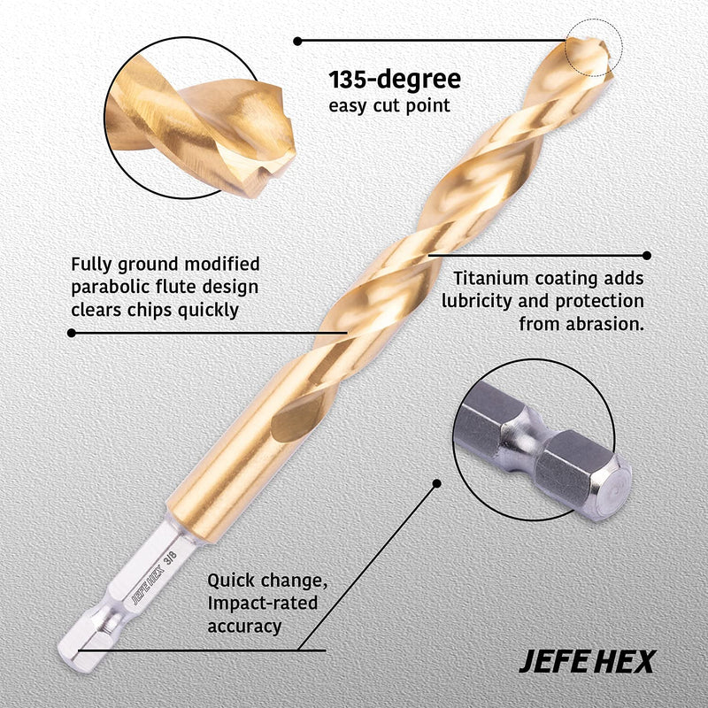 JEFE HEX 5/16" Hex Shank Titanium HSS Twist Drill Bits, 135 Degree Easy Cut Split Point Drill Bit for Steel, Copper, Aluminum, Zinc Alloy, Wood and Plastics, Packed in a Tube. (Pack of 6) 5/16" (6 pcs)