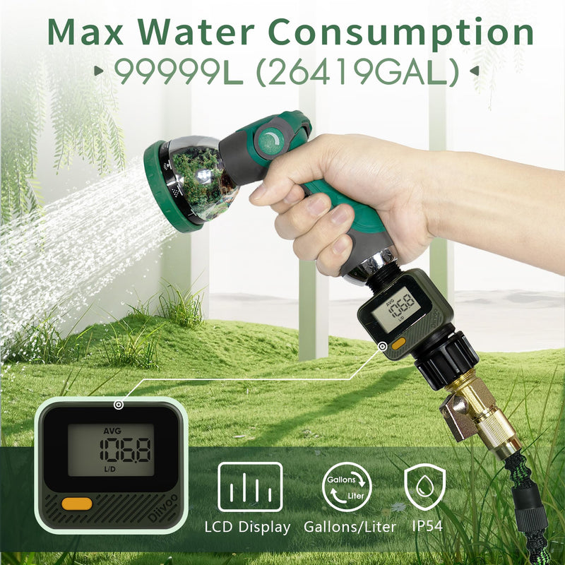 [Australia - AusPower] - Diivoo Water Flow Meter with 180° Removable Panel, 4 Measure Modes, ±5% High Accuracy and IP54, Measure Gallon/Liter Consumption and Flow Rate for Garden Hose Watering, RV Water Tank Filling 2 Pack 2 packs 