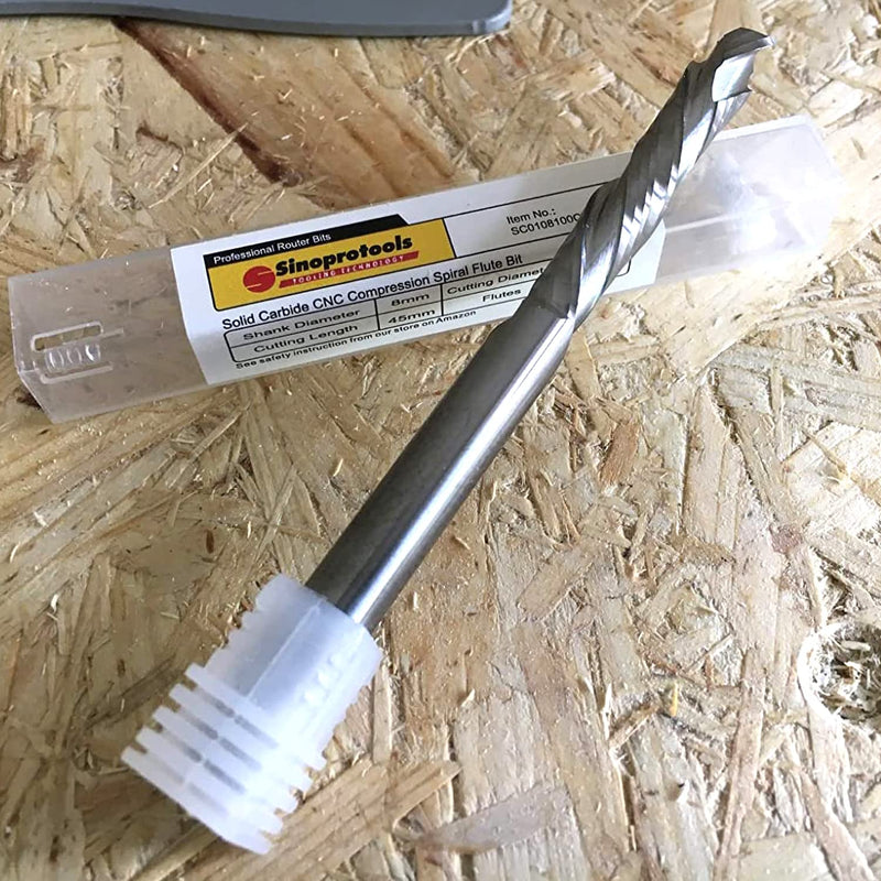 [Australia - AusPower] - Sinoprotools Spiral Groove Cutter 8 mm Shank/Solid Carbide End Mill / 45 mm Cutting Length Spiral Cutter / CNC Milling Cutter for Router / Compression Cutter Double Flute for Wood (2 + 2 Flutes) 8x45x100mm 