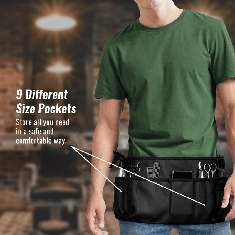 Under NY Sky Salon Waist Apron - Vegan Leather - 9 Pockets, 3 Loops - Hair Cut Holster for Tool Storage, Shears, Brush, Trimmer - Belt Pouch - Hair Stylist, Makeup Artist, Barber, Cosmetology - Black Waist Apron Black