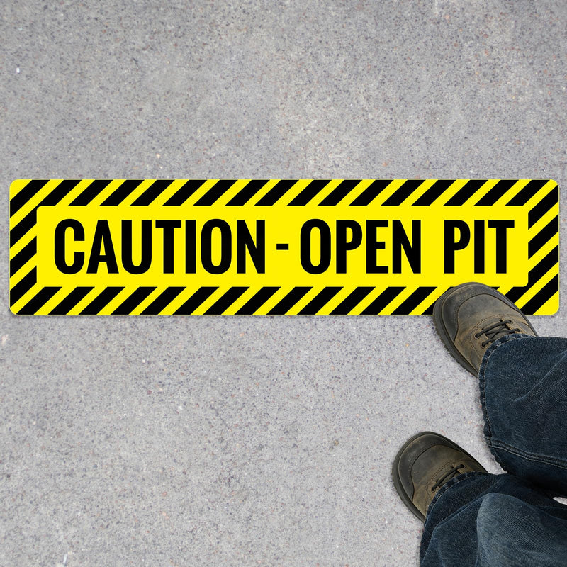 Mifoci CAUTION-OPEN PIT Floor Sign, Anti-slip 6 x 24 Inch PVC Adhesive Decal, Non-slip Safety Warning for Warehouse, Factory, Workshop, Workplace, Black on Yellow