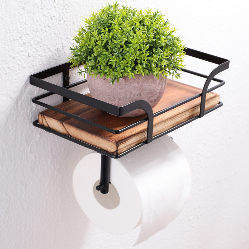 Rustic Farmhouse Toilet Paper Holder with Shelf - Farmhouse Bathroom Rustic Country Decor - Rustic Bathroom Accessories with Warm Brown Wood Shelf for Wipes&Cell Phone&Reading, Black Metal Dark Brown