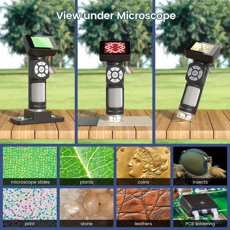 LM112 Microscope for Kids Adults Handheld with 2" Screen, 500X Portable Microscope Kit with Case, USB Magnifier with 8 LED Light, 5pcs Biological Slides, 32G