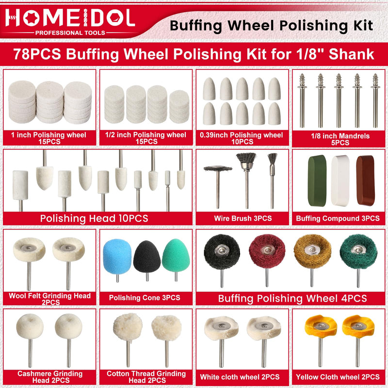 78PCS Buffing Wheel for Dremel Polishing Kit, HOMEIDOL 1/8" Shank Polishing Buffing Wheel for Dremel Tool Accessories with Buffing Compound, Abrasive Wheel Buffing Polishing Wire Brush Polishing Bits
