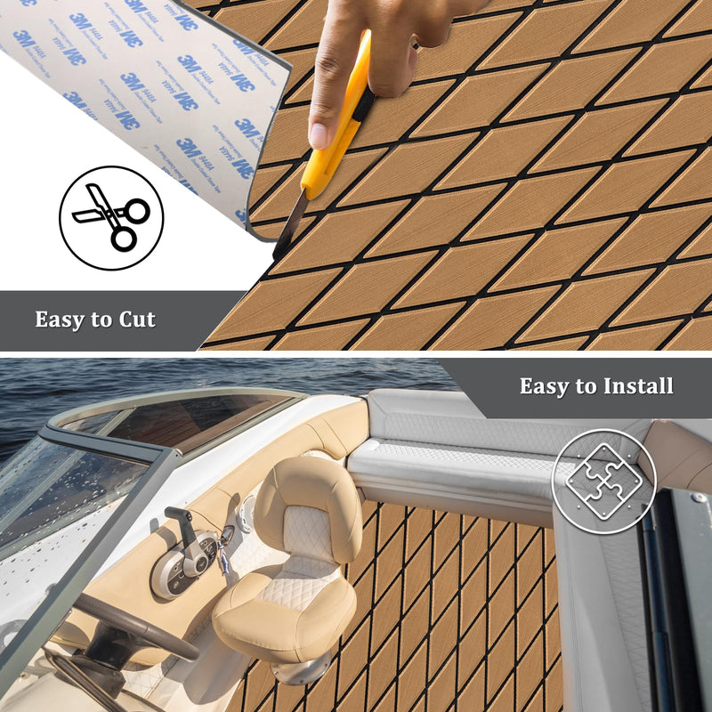 HXBYX EVA Foam Boat Flooring with 3M Adhesive Backing 6mm Thick Diamond Sea Deck Boat Carpet Marine Non-Slip Self-Adhesive Flooring Sheet for Kayak Yacht SwimPool RV 94"x43.9"/28.3"/15.3" Brown With Black Seam Lines 94"x15.3"-10.12sqft