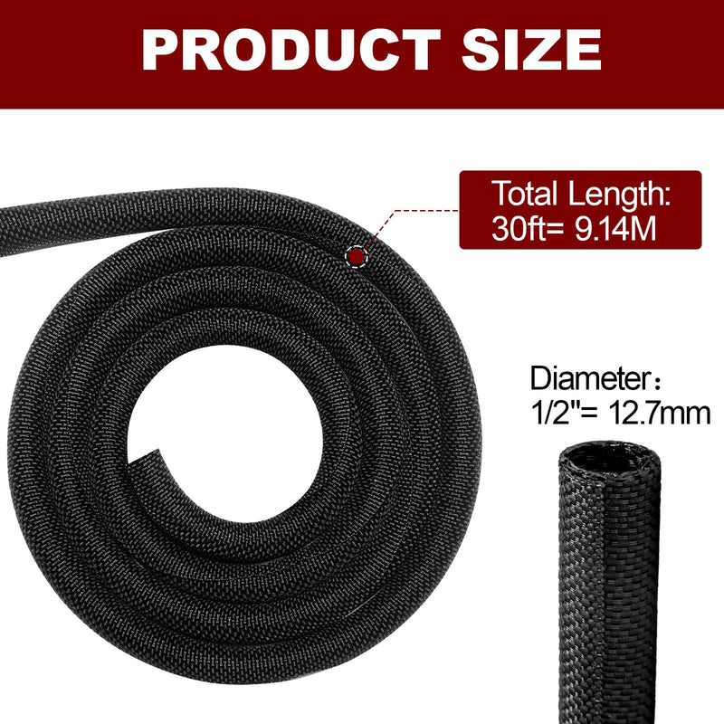 Automotive Wire Loom High Temperature Braided Wire Loom, Split-Sleeve Heat Resistant Wiring Loom Cord Cover for Harness Wires, Self-Wrapping Heavy Duty Sheathing Cable Management (1/2"-30Feet) Black 1/2"-30Feet