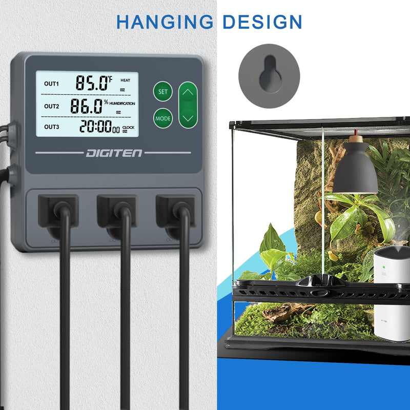 [Australia - AusPower] - DIGITEN Temperature and Humidity Controller with Timer - 3 Outlet, 2 Separate Probes, Plug in Temperature Controller for Reptiles,Snake, Mushrooms, Tent, Triple Control for Temp,Humidity,Time 