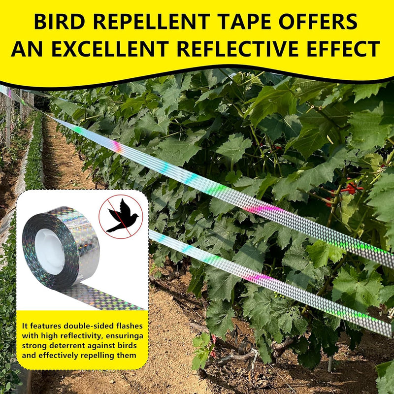 Bird Scare Reflective Tape, 328 ft Roll, Double-Sided Flash Tape for Sparrows and Woodpeckers, Outdoor Bird Deterrent for Gardens, Farms, Orchards, Homes