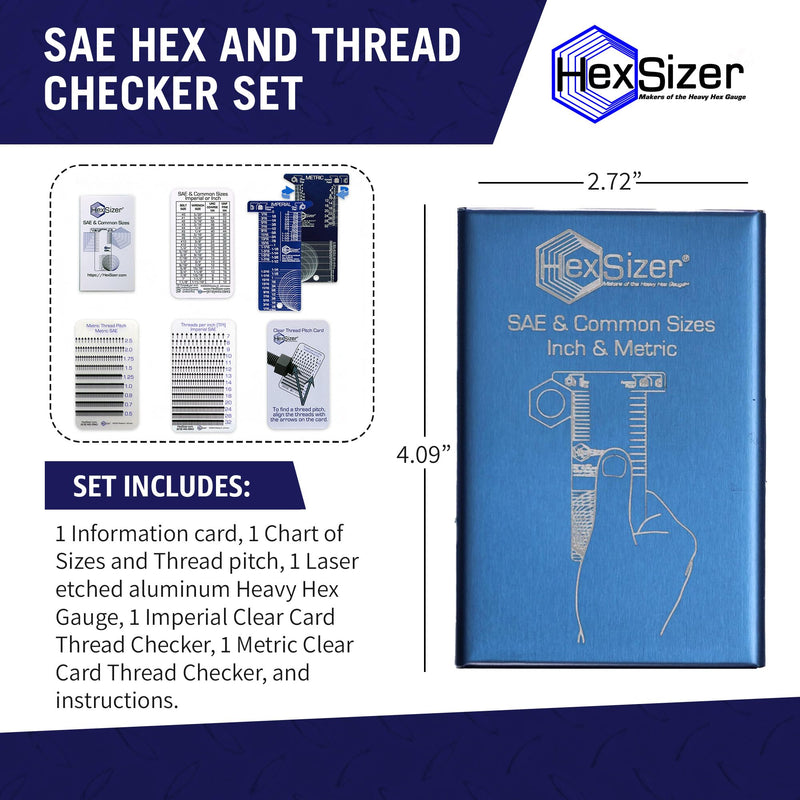 [Australia - AusPower] - HexSizer 6-in-1 SAE Hex and Thread Gauge Set - Dual Inch & Metric Measurement Tool, Compact, Durable Aluminum Gauge for Measuring SAE Hardware, Nuts, Studs, and Bolts - Imperial & Metric Units (Blue) 