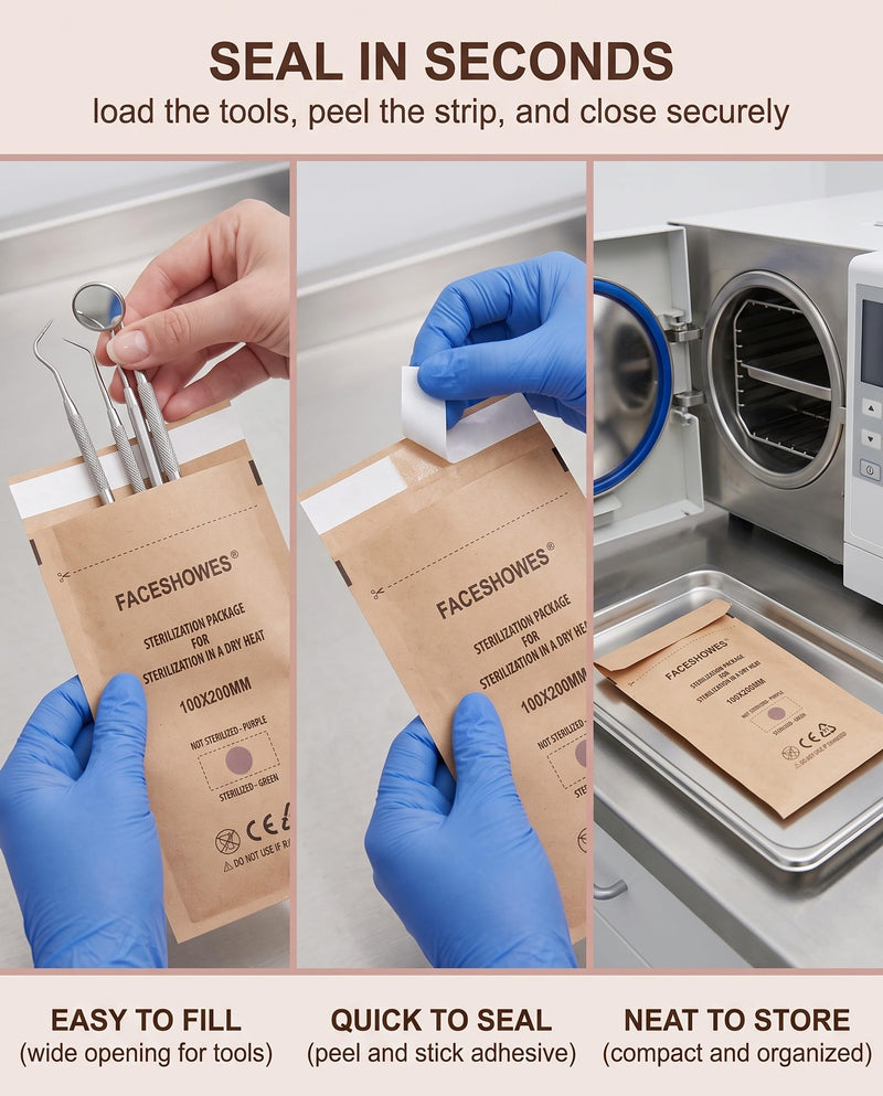 Kraft Paper Sterilization Bags - Pack of 100 (100 x 200 mm) | Self Sealing Sleeves for Nail & Manicure Tools | Germs & Moisture Protection