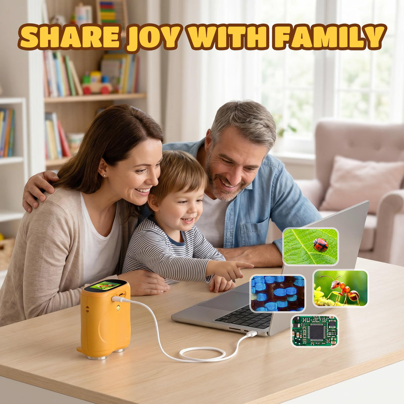 1000X Digital Microscope for Children Pocket: 2-in-1 Magnifying Glass and Telescope - Gift for Boys Girls from 3-8 8-12 Years - Experiment Set Portable Toy Outdoor Garden - STEM Birthday USB-C 1 yellow