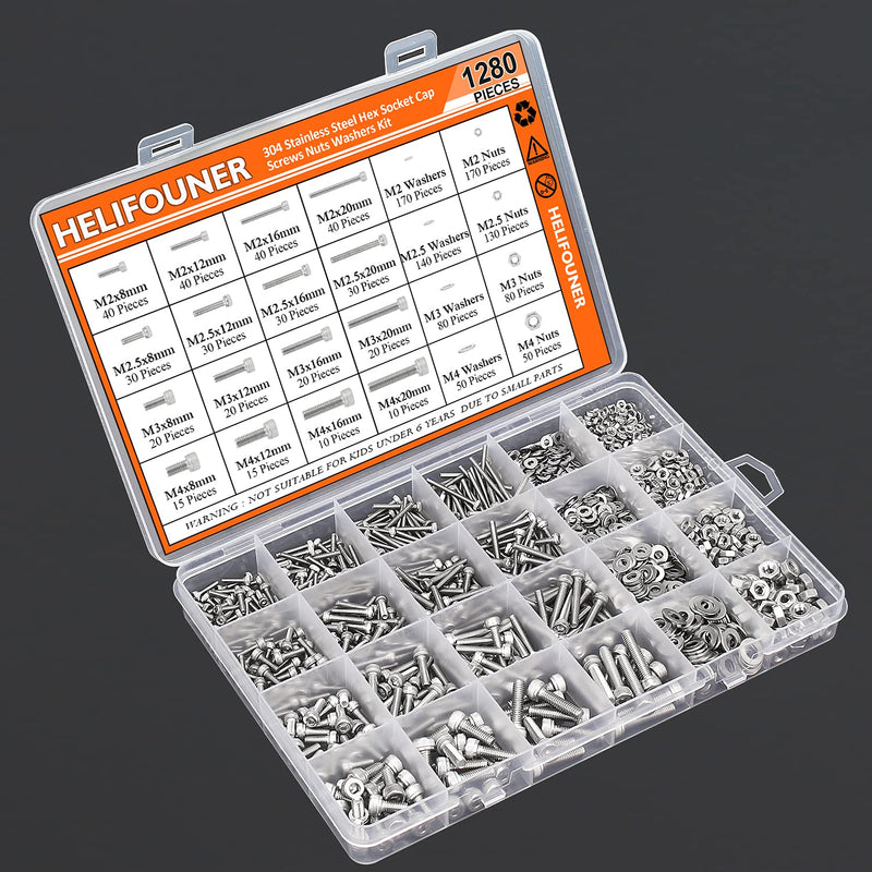 [Australia - AusPower] - 1280 Pieces M2 M2.5 M3 M4 304 Stainless Steel Hex Socket Cap Metric Screws Bolts Washers Nuts Hardware Assortment Kit with Hex Wrenches 