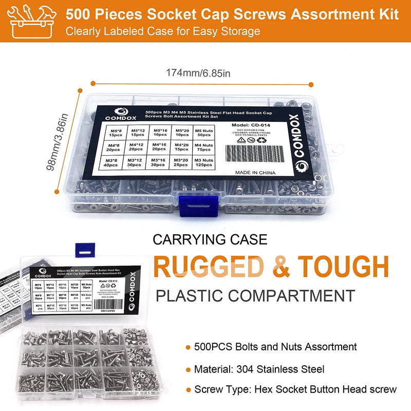 500Pcs M3 M4 M5 Stainless Steel Button Head Hex Socket Head Cap Bolts Screws Nut Assortment Kit