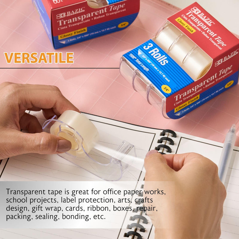 BAZIC PRODUCTS 3/4in x 500in Transparent Tape, 3 Count, for Office Home School, 2 Pack 2-Pack