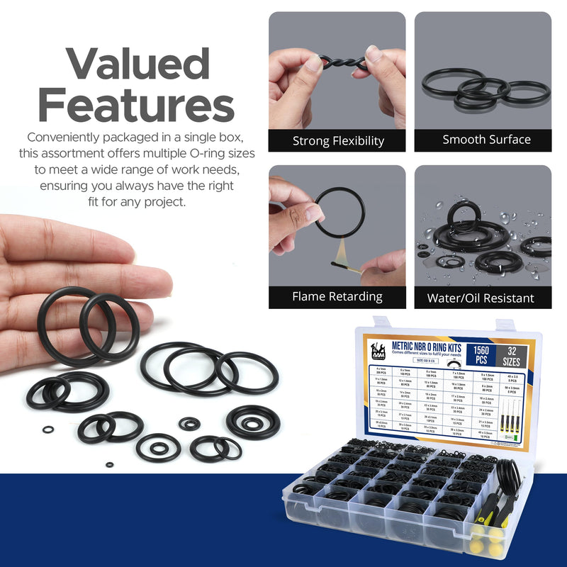 [Australia - AusPower] - O Ring Kit - 1560 Pcs 32 Size - Nitrile Rubber O Ring Assortment Kit + 4 Hook Set & Grease Tube – for Automotive, Plumbing, Pressure Washer, Air or Gas Sealing Connections, Resist Oil and Heat O-Ring Metric 1560PCS 32 Size and Tool Kit 