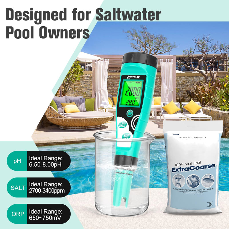 [Australia - AusPower] - Pool Salt Tester pH Meter Digital Chlorine pH Tester Salt Meter for Pool 7 in 1 Water Tester for Swimming Pool Aquariums 7 in 1 Meter 